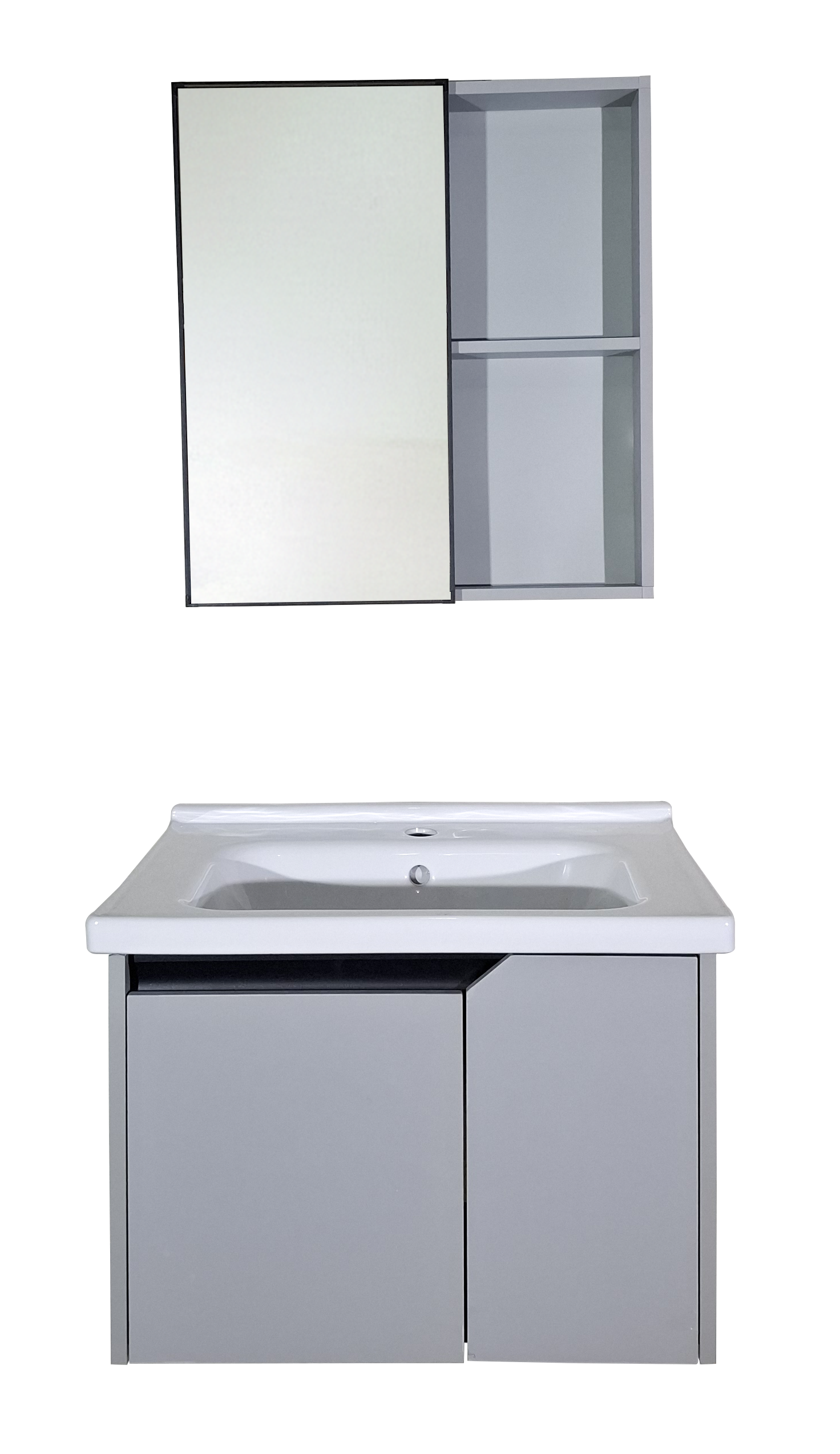 SET-2: MUEBLE *PVC PARA BAÑO DOS PUERTAS 60X480X45 COLOR GRIS CON BOTIQUIN 55X60X11