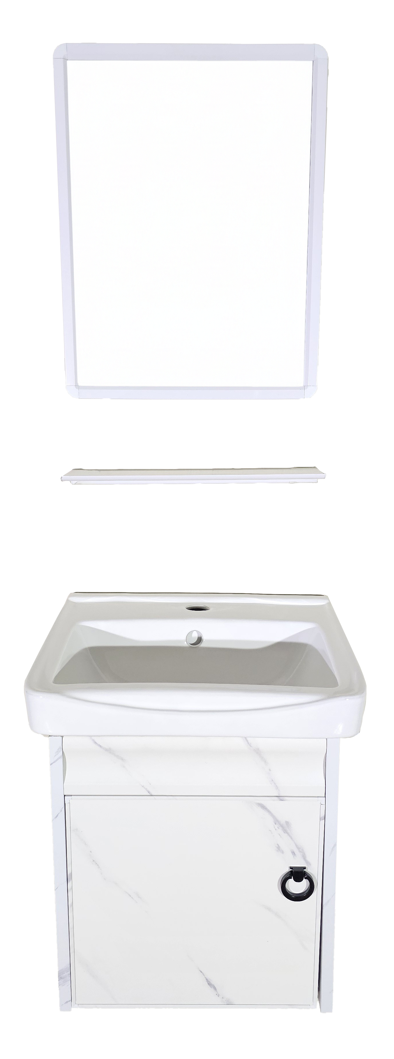 SET-1: MUEBLE *ALUMINIO Y PVC PARA BAÑO 43X36X46 BLANCO CALACATA ESPEJO 40X50 Y REPISA