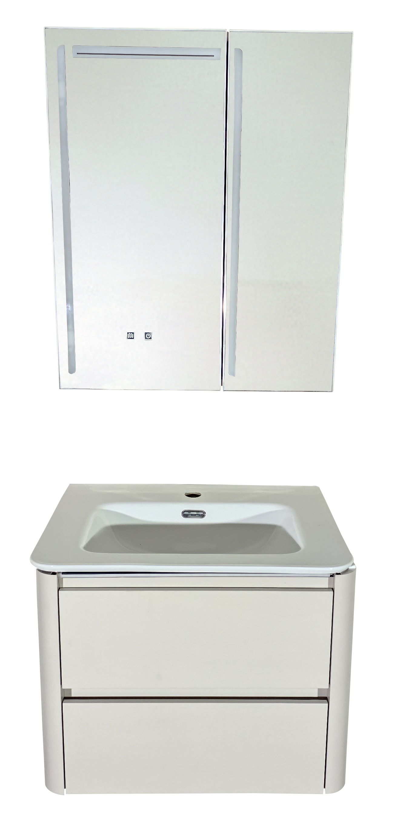 SET 2: MUEBLE DE BAÑO*MELAMINA Y PVC* CREMA 60X50X47 CON BOTIQUIN LED Y ESPEJO CON ORGANIZADOR