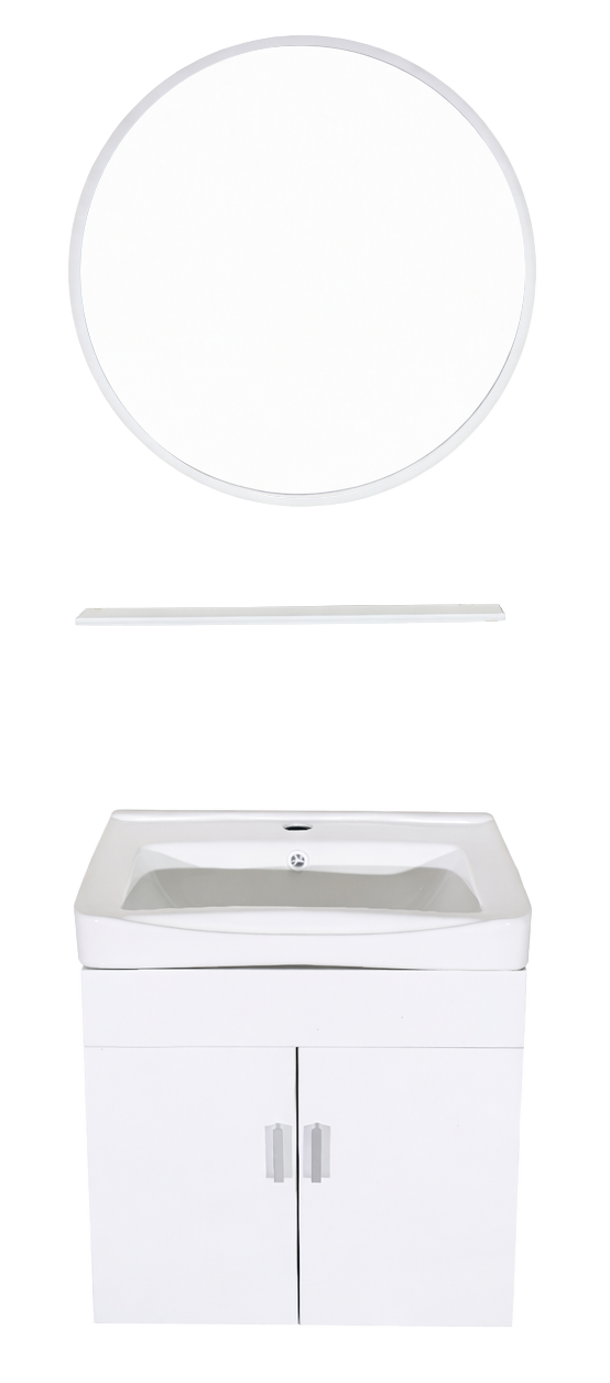 SET-3: MUEBLE *MELAMINA* PARA BAÑO 50X35X50 COLOR BLANCO CON ESPEJO REDONDO 50CM Y REPISA