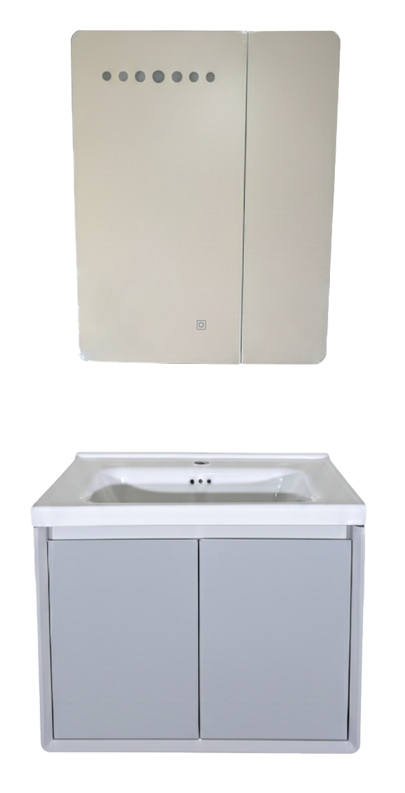 SET-2: MUEBLE *ALUMINIO PARA BAÑO GRIS CLARO CON BOTIQUIN LED 60x48x48