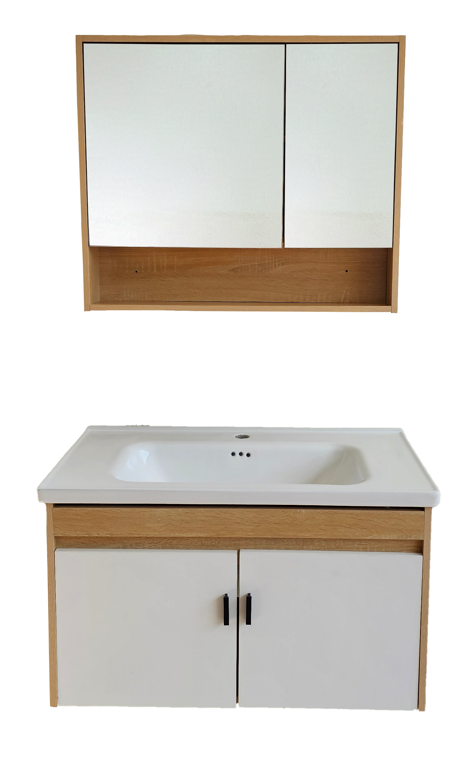 SET-3: MUEBLE DE BAÑO *MELAMINA COLOR MADERA 80X47X47 CON PUERTAS BLANCAS DE CON BOTIQUIN