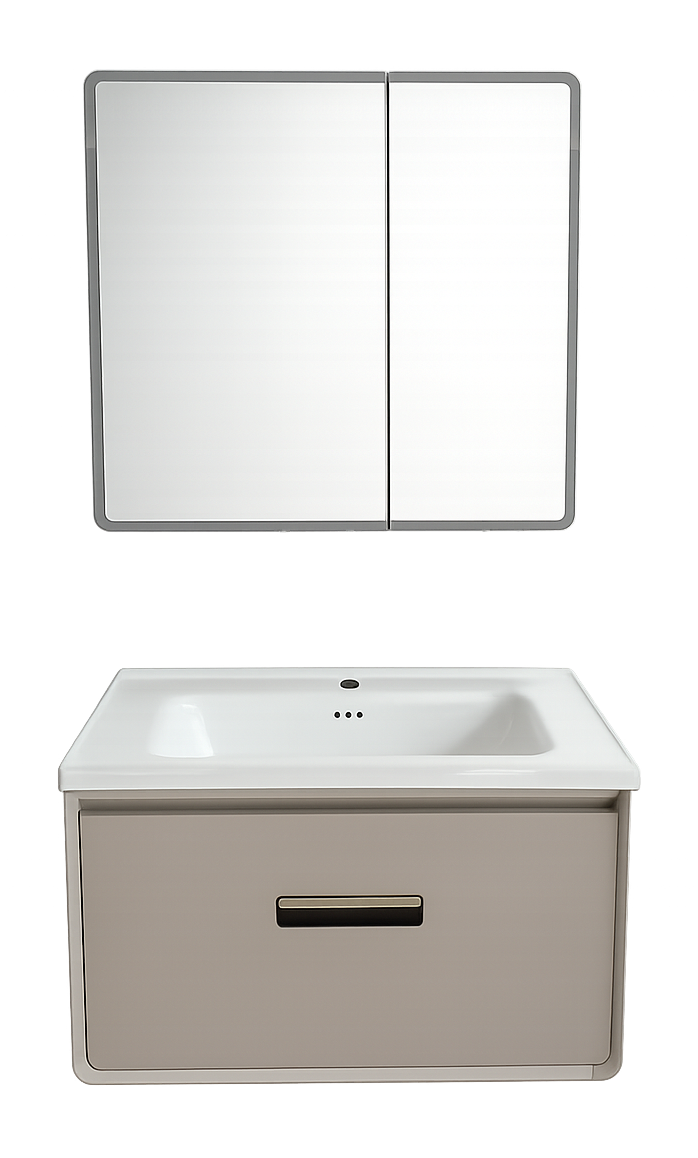 SET-2: MUEBLE *MELAMINA* PARA BAÑO 80X47X46 CHAMPAGNE CON GAVETA Y BOTIQUIN LED 68X65X15