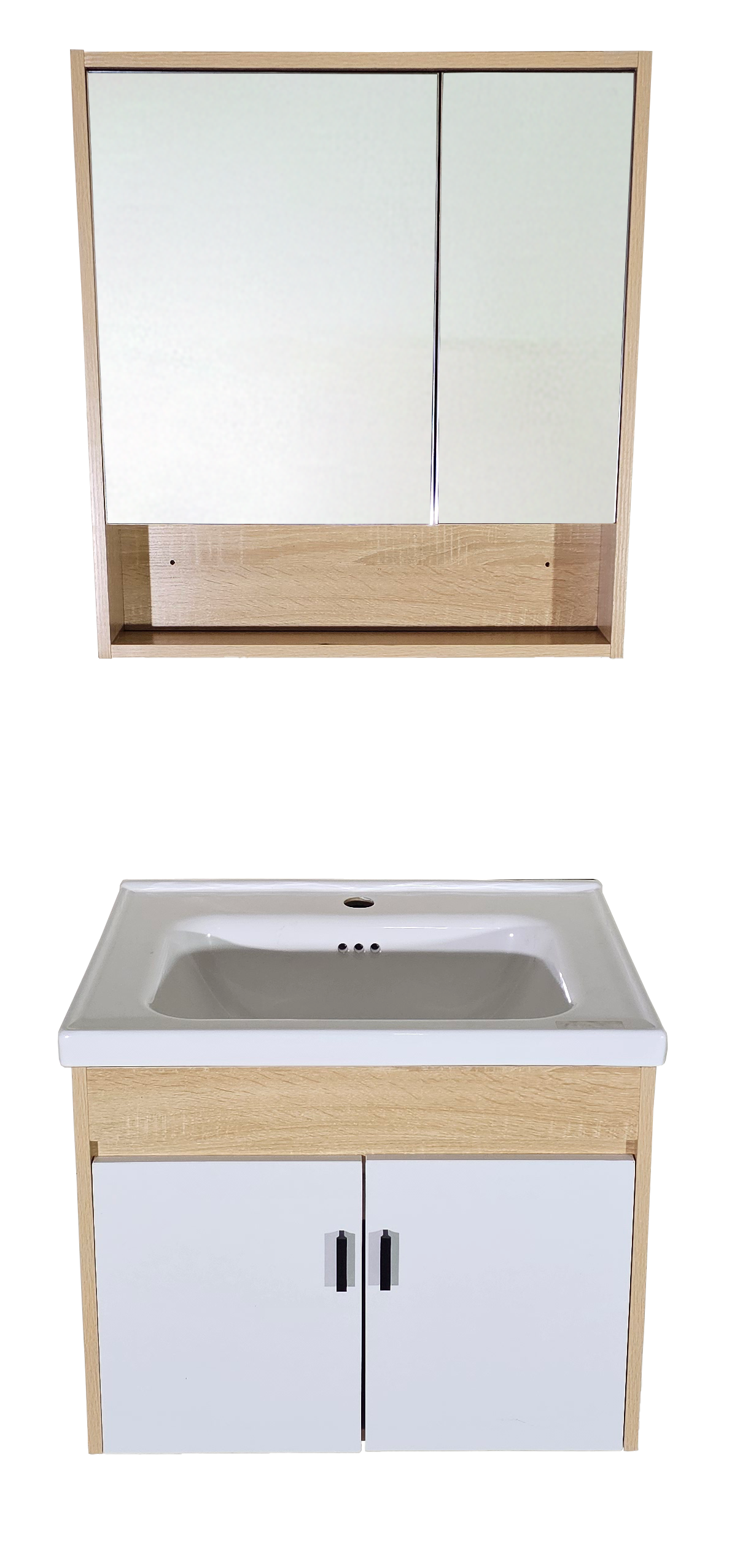 SET-3: MUEBLE *MELAMINA* PARA BAÑO 60X47X48 MADERA - PUERTAS BLANCAS CON BOTIQUIN 60X63X13