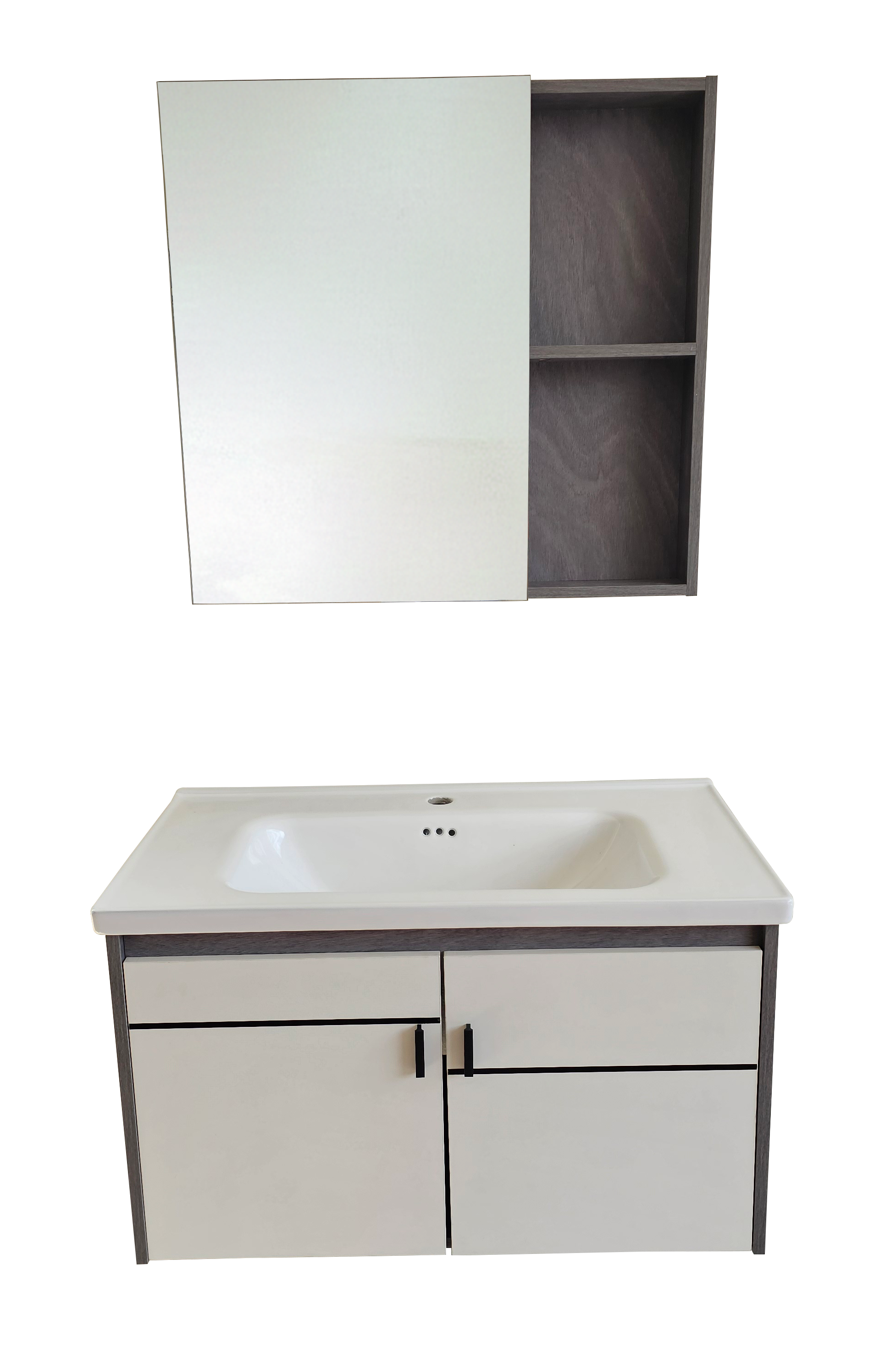 SET-3: MUEBLE *MELAMINA* PARA BAÑO COLOR GRIS PUERTAS BLANCAS CON LAVAMANOS Y BOTIQUIN