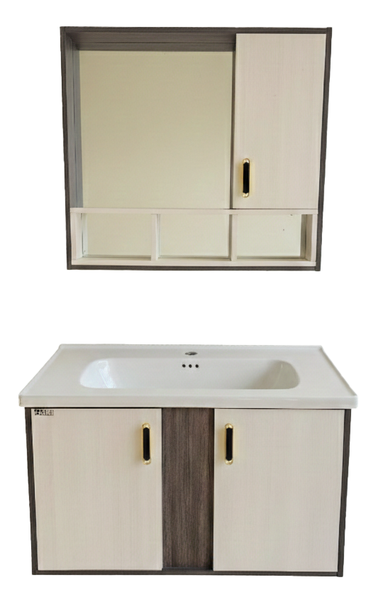 SET-2: MUEBLE *MELAMINA* PARA BAÑO 80X48X47 COLOR GRIS- 2 PUERTAS BEIGE CON BOTIQUIN 73X65X12