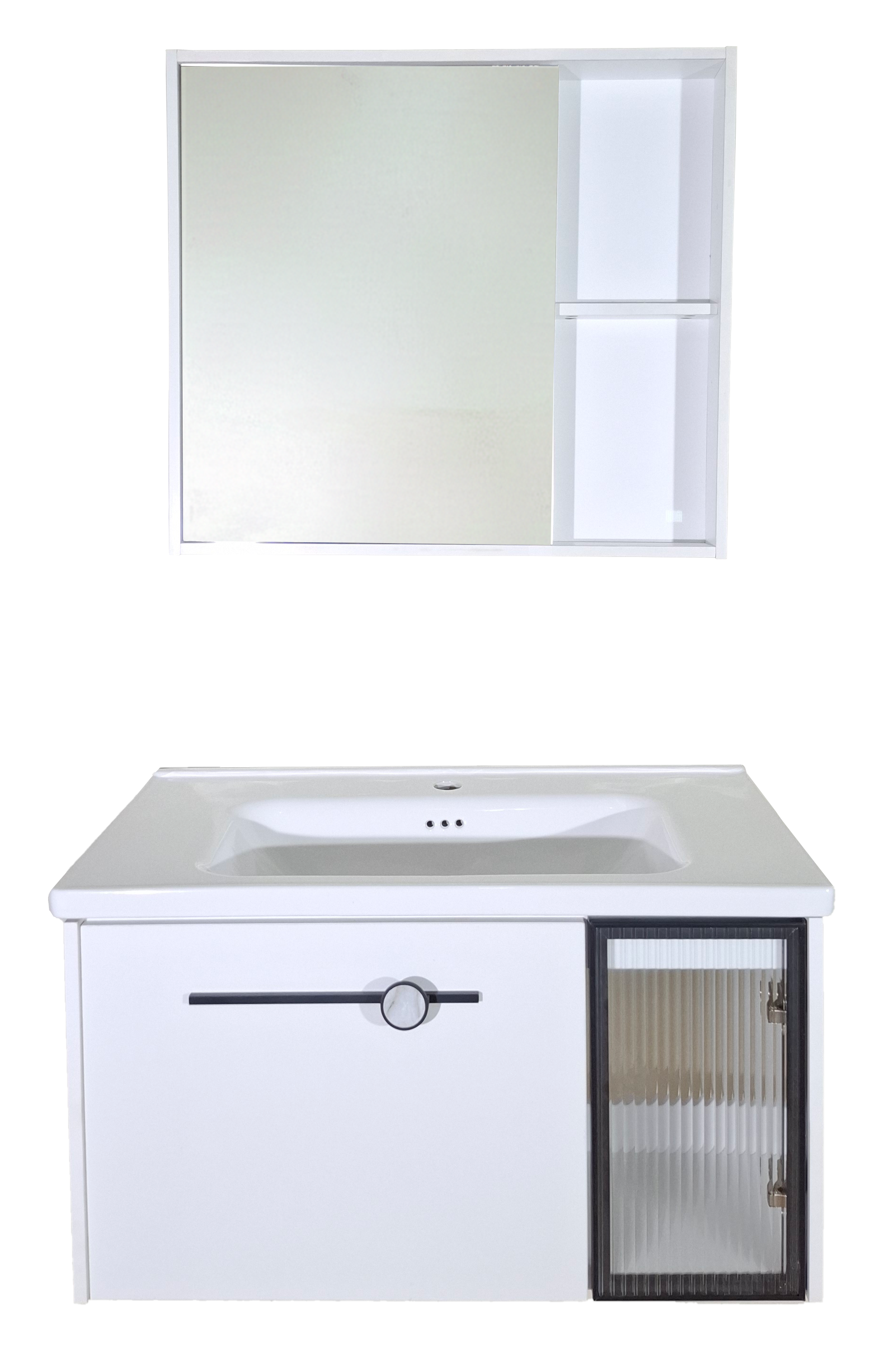 SET-3: MUEBLE *MELAMINA* PARA BAÑO BLANCO PUERTA CRISTAL NEGRO 80X48X45 Y BOTIQUIN 73X65X12