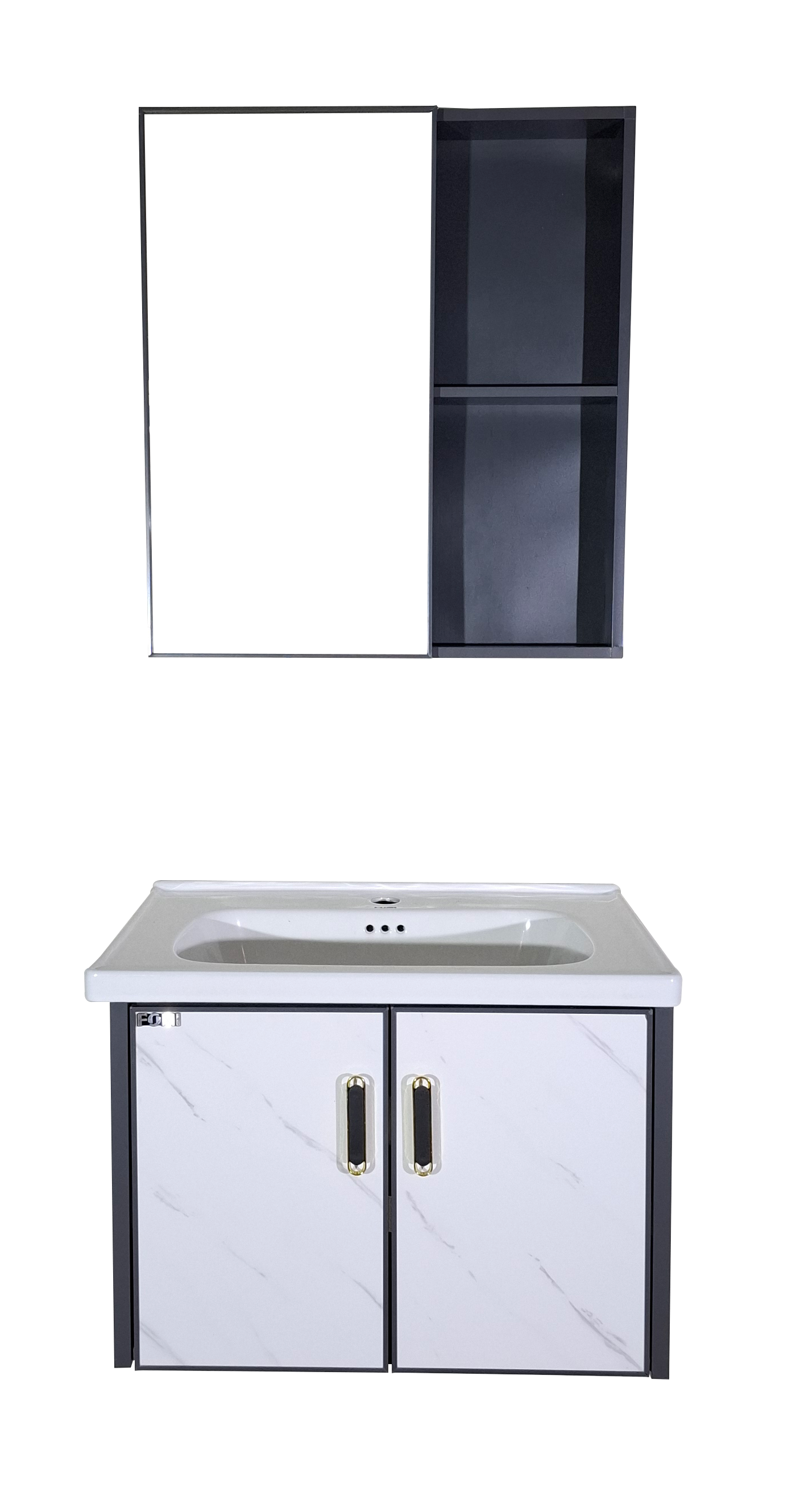 SET-2: MUEBLE DE BAÑO *ALUMINIO COLOR GRIS OSCURO Y CALACATA CON LAVAMANO  Y BOTIQUIN