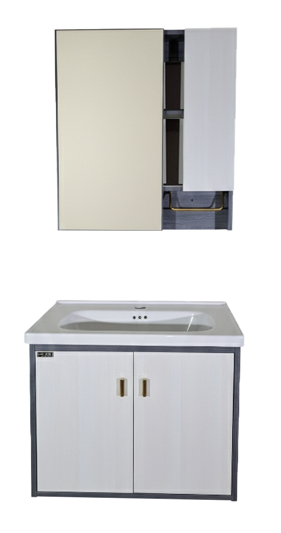 SET-2: MUEBLE DE BAÑO *MELAMINA COLOR GRIS AZUL ENVEJECIDO CON BEIGE CON BOTIQUIN
