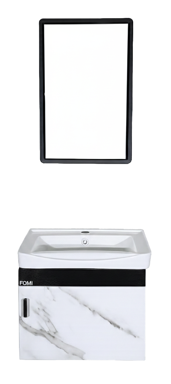 SET-2: MUEBLE *MELAMINA PARA BAÑO 51X36X42 COLOR NEGRO Y CALACATA CON ESPEJO 40X60