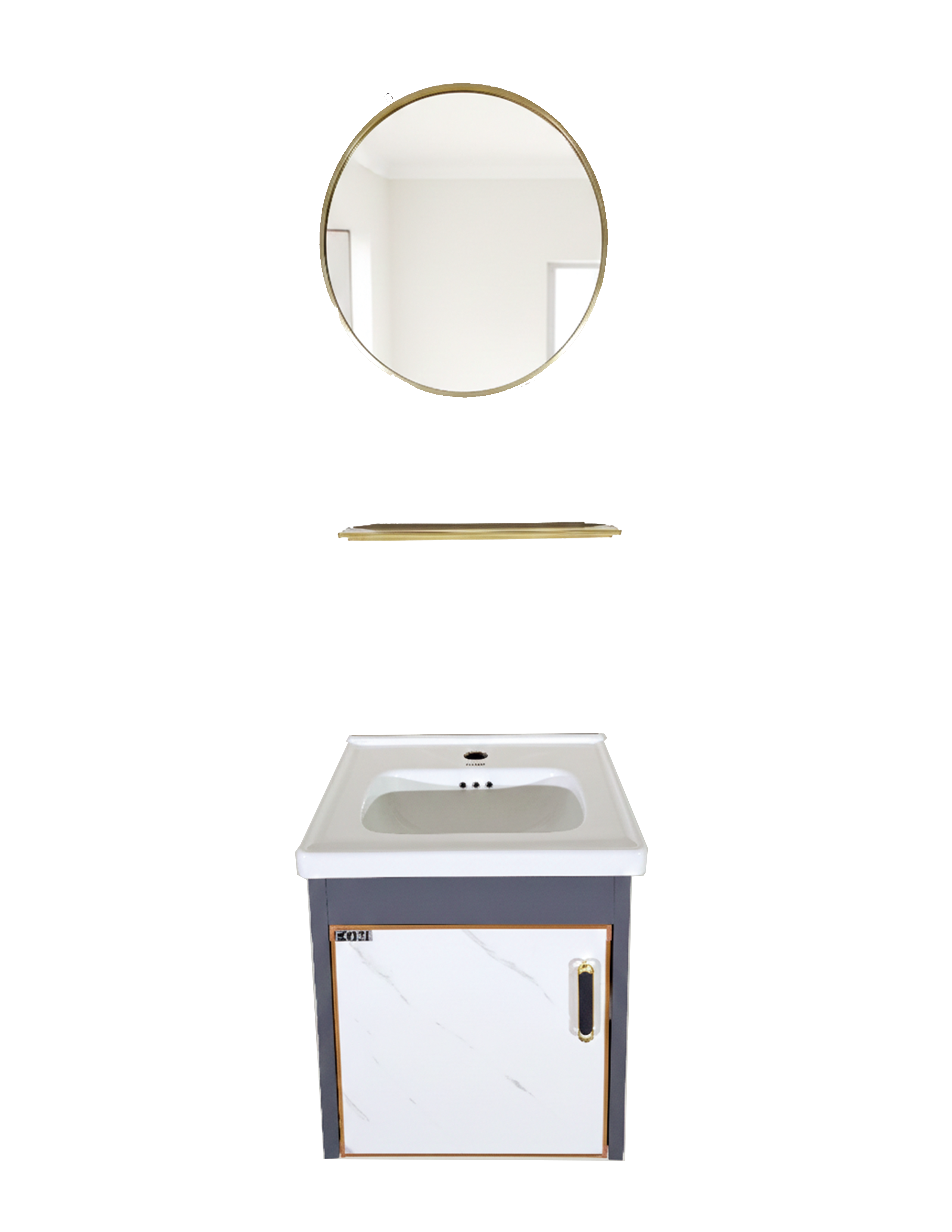 SET-1: MUEBLE *ALUMINIO PARA BAÑO DE 40X36X43 GRIS CON CALACATA CON ESPEJO REDONDO 40CM Y REPISA