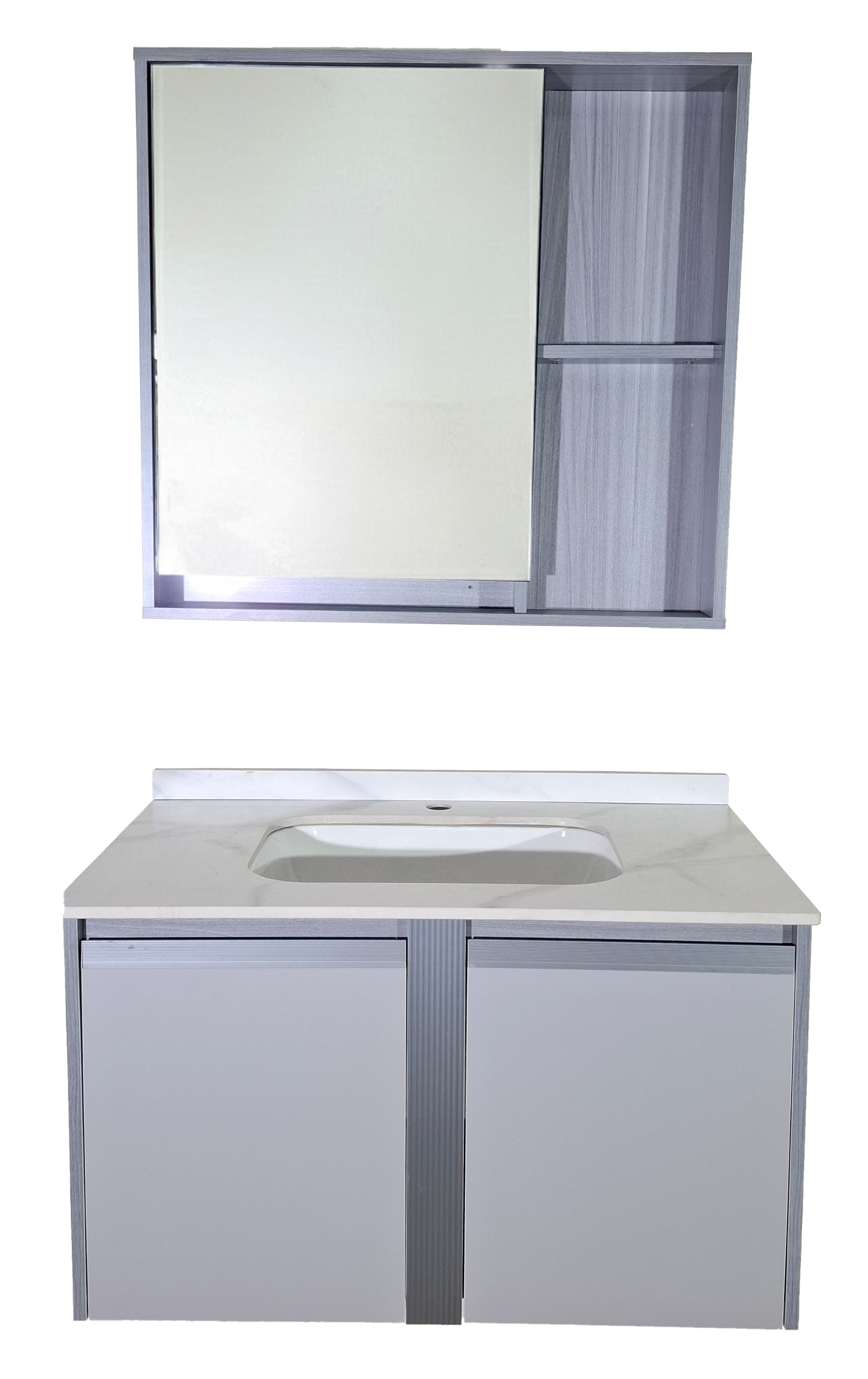 SET-2: MUEBLE DE BAÑO *MELAMINA*  80CM COLOR GRIS TOPE PORCELANATO CALACATA Y BOTIQUIN LUZ LED