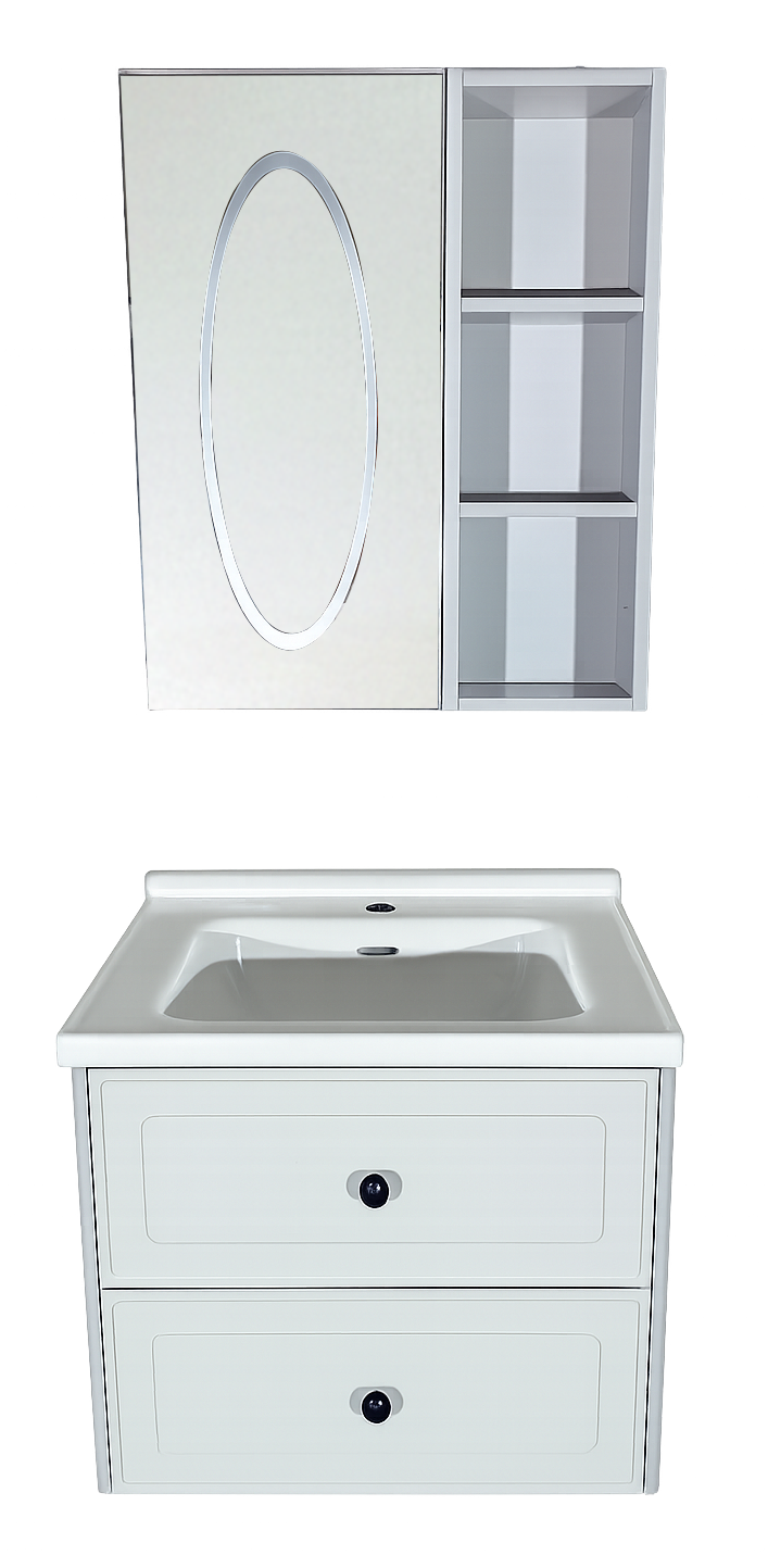 SET-2: MUEBLE *MELAMINA* PARA BAÑO 60X50X52 DOS GAVETAS CON BOTIQUIN LED 58X68X15