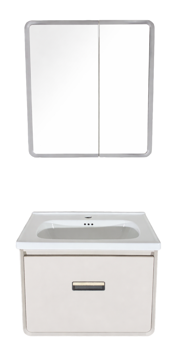 SET-2: MUEBLE DE BAÑO*MELAMINA* COLOR CREMA Y MANILLA DORADA CON BOTIQUIN LED